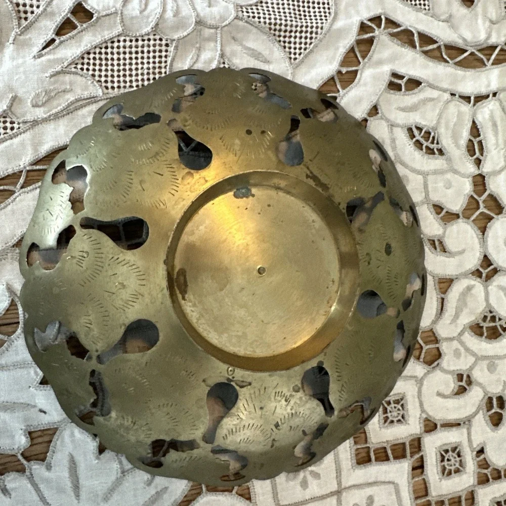 Vintage 1950's Brass Enameled Openwork Bowl Plant Stand From India